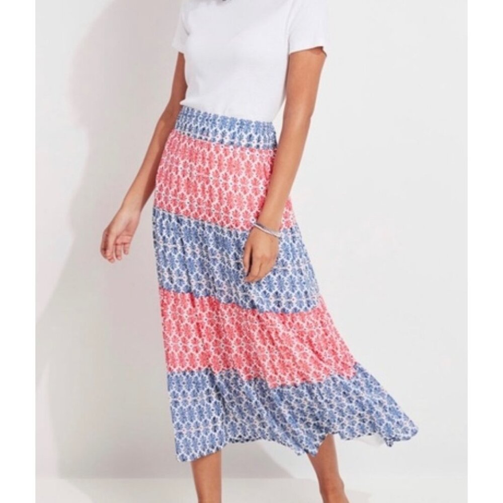 VINEYARD VINES Blue + Coral Block Print Lined A-Line Women's Maxi Skirt Size XXS